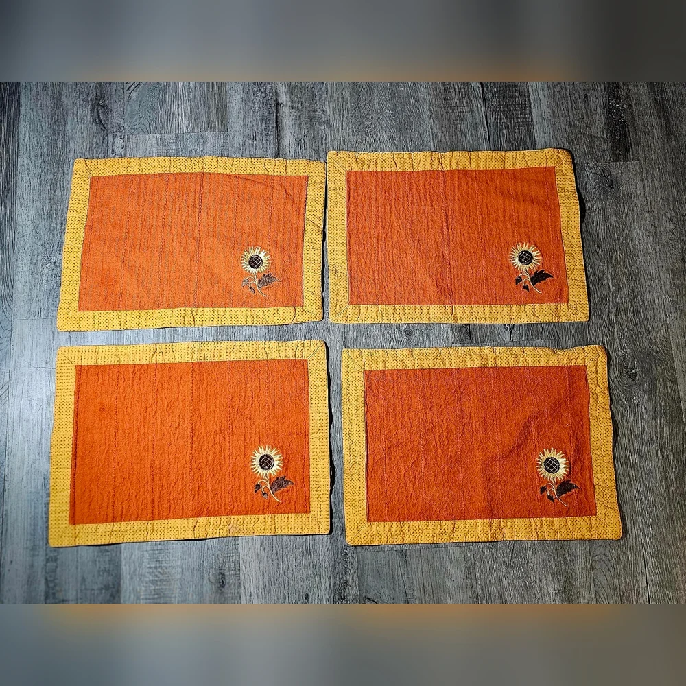 1970s Sunflower Embroidered Orange Cotton Indian Placemats